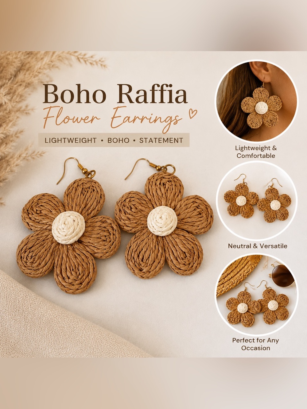 🌼 Boho Raffia Flower Statement Earrings
